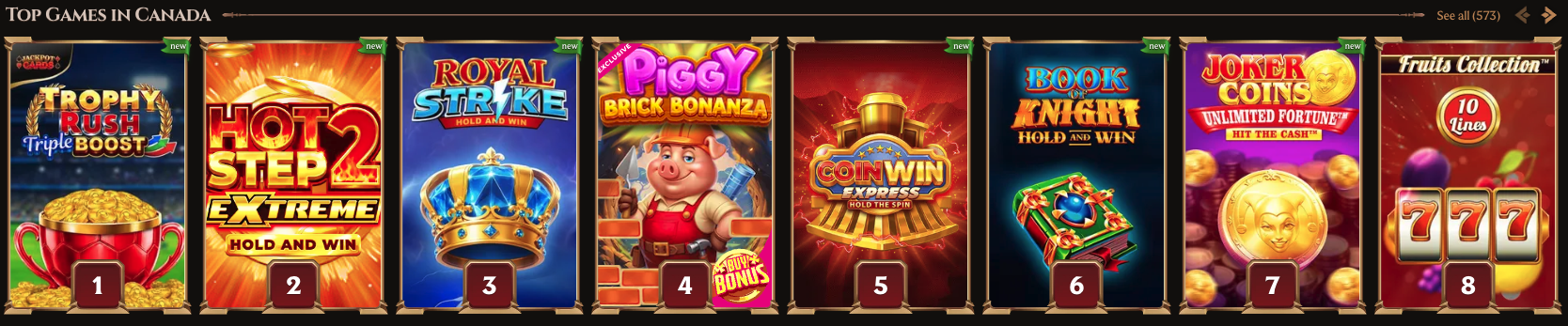 Row of top slot games available in the Canada lobby