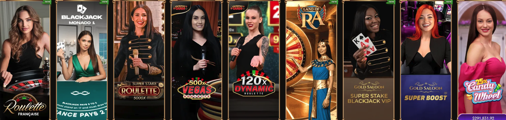 Row of live dealer roulette and blackjack tables