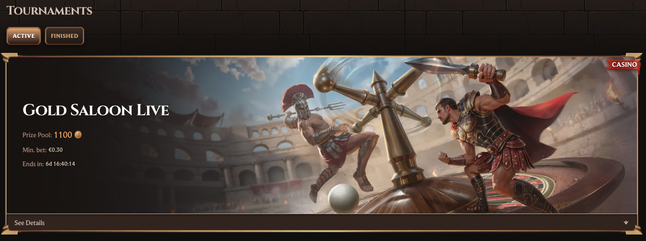 Active tournament listing showing the prize pool, minimum bet and countdown timer