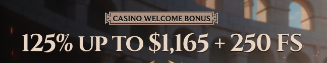 Bannière du bonus de bienvenue affichant 125 % jusqu'à 1 165 $ plus 250 tours gratuits